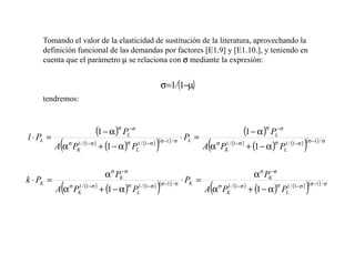 Tomando el valor de la elasticidad de sustitución de la literatura, aprovechando la
     definición funcional de las demandas por factores [E1.9] y [E1.10.], y teniendo en
     cuenta que el parámetro µ se relaciona con σ mediante la expresión:


                                                                  σ=1/(1−µ)
     tendremos:



l ⋅ PL =
                           (1 − α )σ PL− σ                     ⋅ PL =
                                                                                                      (1 − α )σ PL−σ
           A(α PK                                  )                                  A(α PK                                  )
                                      σ 1 / (1− σ ) (σ −1) / σ                                                   σ 1 / (1− σ ) (σ −1) / σ
              σ 1 / (1− σ )
                            + (1 − α ) PL                                                σ 1 / (1− σ )
                                                                                                       + (1 − α ) PL


                                    α σ PK− σ                                                                   α σ PK− σ
k ⋅ PK =                                                                     ⋅ PK =
             (
           Aα P  σ   1 / (1− σ )
                     K             + (1 − α ) P
                                                σ
                                                    L         )
                                                    1 / (1− σ ) (σ −1) / σ
                                                                                         (
                                                                                      Aα P   σ   1 / (1− σ )
                                                                                                 K             + (1 − α ) P
                                                                                                                            σ
                                                                                                                                L         )
                                                                                                                                1 / (1− σ ) (σ −1) / σ
 
