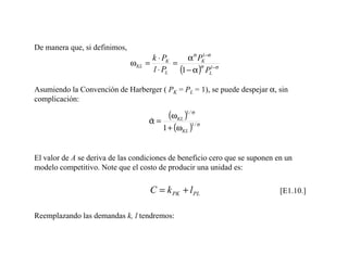 De manera que, si definimos,
                                       k ⋅ PK    α σ PK−σ
                                                       1
                               ωKL   =        =
                                       l ⋅ PL (1 − α )σ PL −σ
                                                         1



Asumiendo la Convención de Harberger ( PK = PL = 1), se puede despejar α, sin
complicación:

                                      α=
                                           (ωKL )1 / σ
                                      ˆ
                                         1 + (ωKL )
                                                     1/ σ




El valor de A se deriva de las condiciones de beneficio cero que se suponen en un
modelo competitivo. Note que el costo de producir una unidad es:

                                      C = k PK + l PL                        [E1.10.]


Reemplazando las demandas k, l tendremos:
 