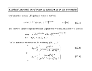 Ejemplo: Calibrando una Función de Utilidad CES en dos mercancías

Una función de utilidad CES para dos bienes se expresa:


                      (
                 u = αX 1(σ −1) / σ + (1 − α )X 2σ −1)/ σ
                                                (           )σ (σ
                                                              /     −1)
                                                                              α ∈ [0,1]   [E2.1.]

Los símbolos tienen el significado usual. El problema de la maximización de la utilidad:

                   max              (
                               u = αX 1σ −1)/ σ + (1 − α )X 2σ −1)/ σ
                                      (                     (             )
                                                                          σ / (σ −1)


                   s.a.      P X 1 + P2 X 2 ≤ M
                              1

 Da las demandas ordinarias (i.e. de Marshall) por X1, X2:

                                   M      
                                                   α σ P11−σ             
                                                                          
                              X1 =                                                        [E2.2.]
                                   P1      α σ P1−σ + (1 − α )σ P1−σ     
                                                1                2       

                              X2 =
                                   M      
                                                  (1 − α )σ P21−σ        
                                                                                         [E2.3.]
                                   P2      α σ P1−σ + (1 − α )σ P1−σ     
                                                1                 2      
 