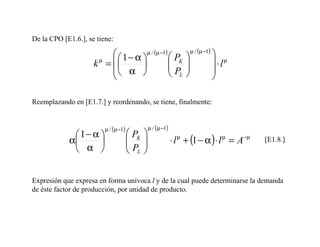 De la CPO [E1.6.], se tiene:
                                                                       µ / (µ −1)
                            1 − α µ / (µ −1)  P                                
                     kµ =                     K
                                                P                 
                                                                   
                                                                                     ⋅lµ
                           α                  L                                
                                                                                   

Reemplazando en [E1.7.] y reordenando, se tiene, finalmente:


                         µ / (µ −1)              µ / (µ −1)
             1− α                    PK   
            α                       
                                      P     
                                                             ⋅ l µ + (1 − α ) ⋅ l µ = A−µ   [E1.8.]
              α                      L    

Expresión que expresa en forma unívoca l y de la cual puede determinarse la demanda
de éste factor de producción, por unidad de producto.
 