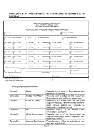 INSTRUÇÕES PARA PREENCHIMENTO DO FORMULÁRIO DE RESTITUIÇÃO DE
               PARCELAS


                                                             MINISTÉRIO DO TRABALHO E EMPREGO – MTE
                                                                 CAIXA ECONÔMICA FEDERAL – CAIXA
                                                                PROGRAMA DO SEGURO-DESEMPREGO

                                            RESTITUIÇÃO DE PARCELAS DO SEGURO-DESEMPREGO
01 – Nome                                                                                                        02 Código PIS-PASEP



03 – CTPS (n. º série) / identidade           04 – UF             05 – N.º Requerimento                             06 – Agência Recebedora



07 – Parcela            08 – N.º DSD             09 – Data        do      Recebimento      10 – Valor Recebido                  28 – Correção Monetária



11 – Parcela            12 – N.º DSD             13 – Data        do      Recebimento      14 – Valor Recebido                  29 – Correção Monetária



15 – Parcela            16 – N.º DSD             17 – Data        do      Recebimento      18 – Valor Recebido                  30 – Correção Monetária



19 – Parcela            20 – N.º DSD             21 – Data        do      Recebimento      22 – Valor Recebido                  31 – Correção Monetária



23 – Parcela            24 – N.º DSD             25 – Data         do      Recebimento     26 – Valor Recebido                  32 – Correção Monetária



                                               34 - Data           da      Restituição     27 - Total                           33 – Total
Válido para recebimento até ___/___/___


                                            _________________________________________________                                   35 – Total Geral
Data de Emissão do Formulário                                             Assinatura/MTE


1ª   via   –   Branca/Processamento                                                            Autenticação
2ª   via   –   Azul/Agência Recebedora
3ª   via   –   Amarela/Segurado
4ª   via   –   Verde/Posto de Atendimento




                    Instruções para preenchimento:

               Campo 01:                    Nome                                  Preencha com o nome do Segurado que está
                                                                                  restituindo as parcelas.
               Campo 02:                    Código PIS -PASEP                     Preencha com o código do PIS -PASEP do
                                                                                  Segurado que está restituindo as parcelas.
               Campo 03:                    CTPS (n.º, série)                     Preencha com o número da CTPS com que o
                                                                                  Segurado recebeu o benefício indevidamente
                                                                                  (esse número poderá ser verificado no
                                                                                  sistema de consulta de dados).
               Campo 04:                    UF                                    Preencha com a UF da mesma CTPS
                                                                                  informada no Campo 03.
               Campo 05:                    N.º do Requerimento                   Preencha com o n.º do Requerimento do
                                                                                  Seguro-Desemprego a que o Segurado está
                                                                                  restituindo parcela.
               Campo 06:                    Agência Recebedora                    Preencha como código da agência em que
                                                                                  será feita a restituição.
                                                                              Pág. 135
 