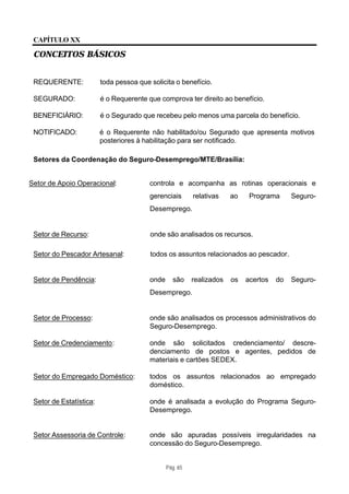 CAPÍTULO XX

 CONCEITOS BÁSICOS


 REQUERENTE:             toda pessoa que solicita o benefício.

 SEGURADO:               é o Requerente que comprova ter direito ao benefício.

 BENEFICIÁRIO:           é o Segurado que recebeu pelo menos uma parcela do benefício.

 NOTIFICADO:             é o Requerente não habilitado/ou Segurado que apresenta motivos
                         posteriores à habilitação para ser notificado.

 Setores da Coordenação do Seguro-Desemprego/MTE/Brasília:


Setor de Apoio Operacional:              controla e acompanha as rotinas operacionais e
                                         gerenciais       relativas    ao    Programa      Seguro-
                                         Desemprego.


 Setor de Recurso:                       onde são analisados os recursos.

 Setor do Pescador Artesanal:            todos os assuntos relacionados ao pescador.


 Setor de Pendência:                     onde     são     realizados   os   acertos   do   Seguro-
                                         Desemprego.


 Setor de Processo:                      onde são analisados os processos administrativos do
                                         Seguro-Desemprego.

 Setor de Credenciamento:                onde são solicitados credenciamento/ descre-
                                         denciamento de postos e agentes, pedidos de
                                         materiais e cartões SEDEX.

 Setor do Empregado Doméstico:           todos os assuntos relacionados ao empregado
                                         doméstico.

 Setor de Estatística:                   onde é analisada a evolução do Programa Seguro-
                                         Desemprego.


 Setor Assessoria de Controle:           onde são apuradas possíveis irregularidades na
                                         concessão do Seguro-Desemprego.


                                                Pág. 65
 