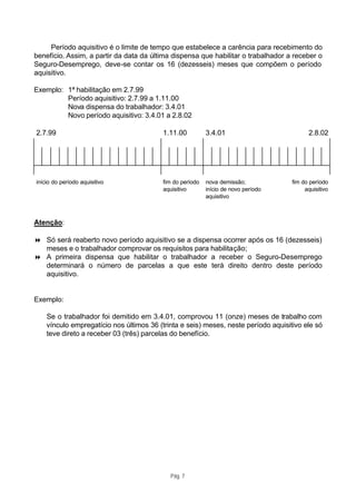 Período aquisitivo é o limite de tempo que estabelece a carência para recebimento do
benefício. Assim, a partir da data da última dispensa que habilitar o trabalhador a receber o
Seguro-Desemprego, deve-se contar os 16 (dezesseis) meses que compõem o período
aquisitivo.

Exemplo: 1ª habilitação em 2.7.99
         Período aquisitivo: 2.7.99 a 1.11.00
         Nova dispensa do trabalhador: 3.4.01
         Novo período aquisitivo: 3.4.01 a 2.8.02

2.7.99                                    1.11.00          3.4.01                         2.8.02




início do período aquisitivo              fim do período   nova demissão;           fim do período
                                          aquisitivo       início de novo período        aquisitivo
                                                           aquisitivo



Atenção:

8 Só será reaberto novo período aquisitivo se a dispensa ocorrer após os 16 (dezesseis)
  meses e o trabalhador comprovar os requisitos para habilitação;
8 A primeira dispensa que habilitar o trabalhador a receber o Seguro-Desemprego
  determinará o número de parcelas a que este terá direito dentro deste período
  aquisitivo.


Exemplo:

    Se o trabalhador foi demitido em 3.4.01, comprovou 11 (onze) meses de trabalho com
    vínculo empregatício nos últimos 36 (trinta e seis) meses, neste período aquisitivo ele só
    teve direto a receber 03 (três) parcelas do benefício.




                                            Pág. 7
 
