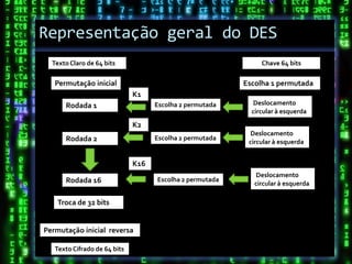 Representação geral do DES
  Texto Claro de 64 bits                                       Chave 64 bits

   Permutação inicial                                     Escolha 1 permutada
                              K1
      Rodada 1                      Escolha 2 permutada      Deslocamento
                                                            circular à esquerda

                              K2
                                                            Deslocamento
      Rodada 2                      Escolha 2 permutada
                                                           circular à esquerda


                              K16
                                                              Deslocamento
      Rodada 16                     Escolha 2 permutada
                                                             circular à esquerda

    Troca de 32 bits


Permutação inicial reversa

   Texto Cifrado de 64 bits
 