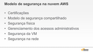 Modelo de segurança na nuvem AWS
• Certificações
• Modelo de segurança compartilhado
• Segurança física
• Gerenciamento dos acessos administrativos
• Segurança da VM
• Segurança na rede
 