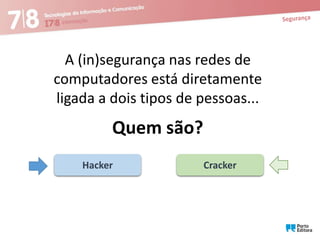 A (in)segurança nas redes de
computadores está diretamente
ligada a dois tipos de pessoas...

Quem são?
Hacker

Cracker

 