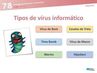 Tipos de vírus informático
Vírus de Boot

Cavalos de Tróia

Time Bomb

Vírus de Macro

Worms

Hijackers

 