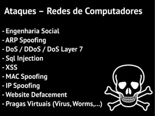 Ataques – Redes de Computadores

- Engenharia Social
- ARP Spoofing
- DoS / DDoS / DoS Layer 7
- Sql Injection
- XSS
- MAC Spoofing
- IP Spoofing
- Website Defacement
- Pragas Virtuais (Vírus, Worms,...)
 