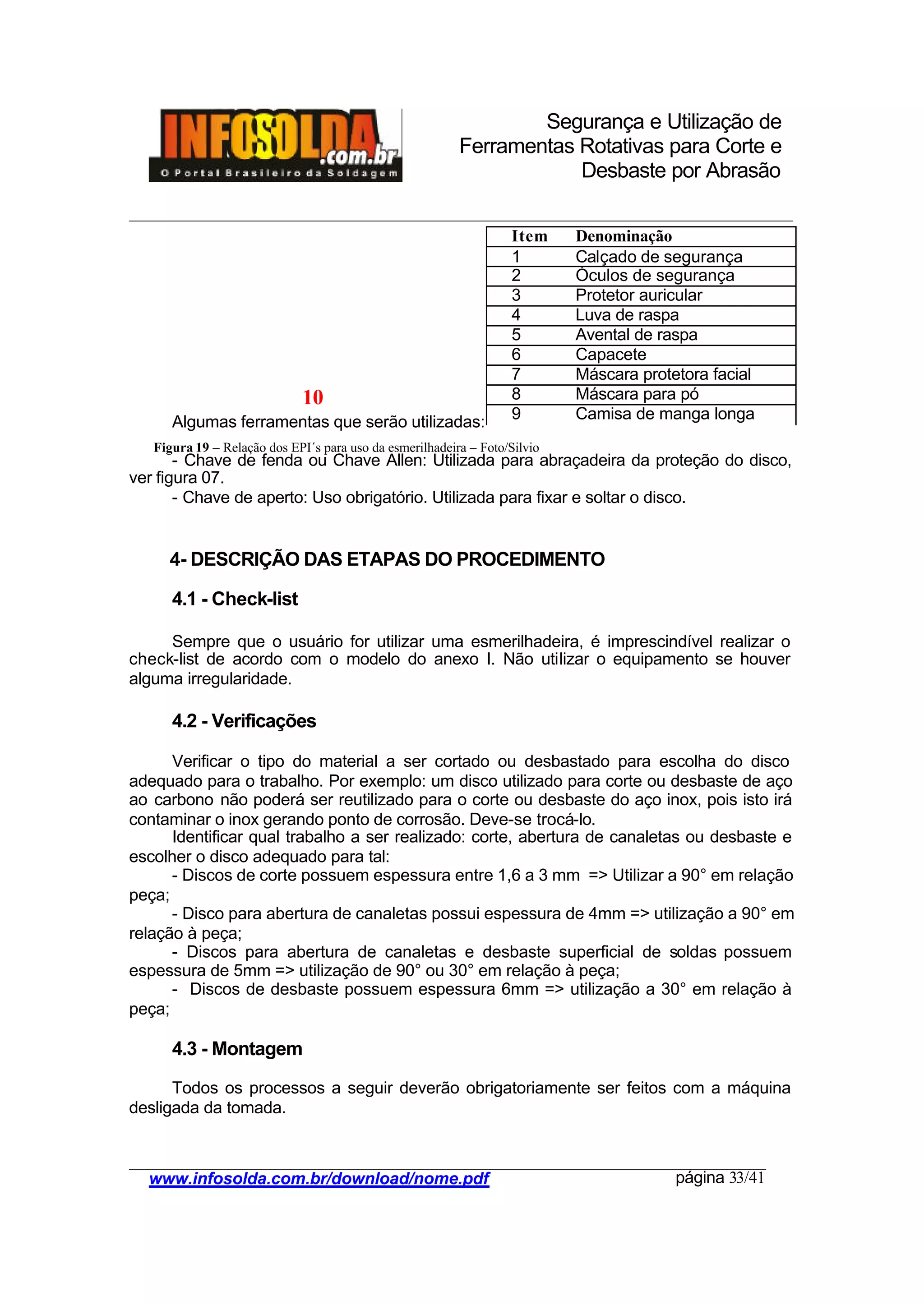 Segurança e Utilização de
Ferramentas Rotativas para Corte e
Desbaste por Abrasão
________________________________________________________________________________________
____________________________________________________________________________________
www.infosolda.com.br/download/nome.pdf página 33/41
Algumas ferramentas que serão utilizadas:
- Chave de fenda ou Chave Allen: Utilizada para abraçadeira da proteção do disco,
ver figura 07.
- Chave de aperto: Uso obrigatório. Utilizada para fixar e soltar o disco.
4- DESCRIÇÃO DAS ETAPAS DO PROCEDIMENTO
4.1 - Check-list
Sempre que o usuário for utilizar uma esmerilhadeira, é imprescindível realizar o
check-list de acordo com o modelo do anexo I. Não utilizar o equipamento se houver
alguma irregularidade.
4.2 - Verificações
Verificar o tipo do material a ser cortado ou desbastado para escolha do disco
adequado para o trabalho. Por exemplo: um disco utilizado para corte ou desbaste de aço
ao carbono não poderá ser reutilizado para o corte ou desbaste do aço inox, pois isto irá
contaminar o inox gerando ponto de corrosão. Deve-se trocá-lo.
Identificar qual trabalho a ser realizado: corte, abertura de canaletas ou desbaste e
escolher o disco adequado para tal:
- Discos de corte possuem espessura entre 1,6 a 3 mm => Utilizar a 90° em relação
peça;
- Disco para abertura de canaletas possui espessura de 4mm => utilização a 90° em
relação à peça;
- Discos para abertura de canaletas e desbaste superficial de soldas possuem
espessura de 5mm => utilização de 90° ou 30° em relação à peça;
- Discos de desbaste possuem espessura 6mm => utilização a 30° em relação à
peça;
4.3 - Montagem
Todos os processos a seguir deverão obrigatoriamente ser feitos com a máquina
desligada da tomada.
Item Denominação
1 Calçado de segurança
2 Óculos de segurança
3 Protetor auricular
4 Luva de raspa
5 Avental de raspa
6 Capacete
7 Máscara protetora facial
8 Máscara para pó
9 Camisa de manga longa
10
Figura 19 – Relação dos EPI´s para uso da esmerilhadeira – Foto/Silvio
 