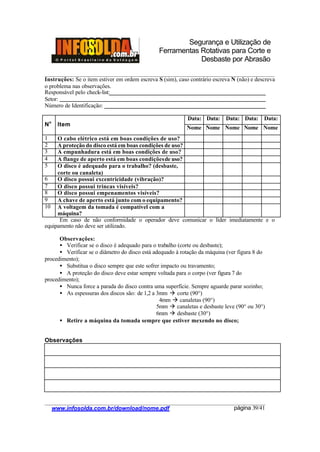 Segurança e Utilização de
Ferramentas Rotativas para Corte e
Desbaste por Abrasão
________________________________________________________________________________________
____________________________________________________________________________________
www.infosolda.com.br/download/nome.pdf página 39/41
Instruções: Se o item estiver em ordem escreva S (sim), caso contrário escreva N (não) e descreva
o problema nas observações.
Responsável pelo check-list: .
Setor: .
Número de Identificação: .
Data: Data: Data: Data: Data:
No
Item
Nome Nome Nome Nome Nome
1 O cabo elétrico está em boas condições de uso?
2 A proteção do disco está em boas condições de uso?
3 A empunhadura está em boas condições de uso?
4 A flange de aperto está em boas condiçõesde uso?
5 O disco é adequado para o trabalho? (desbaste,
corte ou canaleta)
6 O disco possui excentricidade (vibração)?
7 O disco possui trincas visíveis?
8 O disco possui empenamentos visíveis?
9 A chave de aperto está junto com o equipamento?
10 A voltagem da tomada é compatível com a
máquina?
Em caso de não conformidade o operador deve comunicar o líder imediatamente e o
equipamento não deve ser utilizado.
Observações:
• Verificar se o disco é adequado para o trabalho (corte ou desbaste);
• Verificar se o diâmetro do disco está adequado à rotação da máquina (ver figura 8 do
procedimento);
• Substitua o disco sempre que este sofrer impacto ou travamento;
• A proteção do disco deve estar sempre voltada para o corpo (ver figura 7 do
procedimento);
• Nunca force a parada do disco contra uma superfície. Sempre aguarde parar sozinho;
• As espessuras dos discos são: de 1,2 a 3mm à corte (90°)
4mm à canaletas (90°)
5mm à canaletas e desbaste leve (90° ou 30°)
6mm à desbaste (30°)
• Retire a máquina da tomada sempre que estiver mexendo no disco;
Observações
 