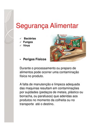 Segurança Alimentar
   Bactérias
   Fungos
   Vírus




   Perigos Físicos

 Durante o processamento ou preparo de
 alimentos pode ocorrer uma contaminação
 física no produto.

 A falta de manutenção e limpeza adequada
 das maquinas resultam em contaminações
 por sujidades (pedaços de metais, plástico ou
 borracha, ou parafusos) que aderidas aos
 produtos no momento da colheita ou no
 transporte até o destino.
 