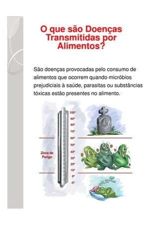 O que são Doenças
   Transmitidas por
      Alimentos?

São doenças provocadas pelo consumo de
alimentos que ocorrem quando micróbios
prejudiciais à saúde, parasitas ou substâncias
tóxicas estão presentes no alimento.
 