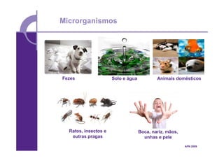 Microrganismos




Fezes                 Solo e água           Animais domésticos




  Ratos, insectos e                 Boca, nariz, mãos,
   outras pragas                      unhas e pele
                                                         APN 2009
 