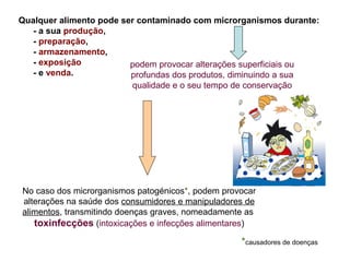 Qualquer alimento pode ser contaminado com microrganismos durante:
   - a sua produção,
   - preparação,
   - armazenamento,
   - exposição           podem provocar alterações superficiais ou
   - e venda.            profundas dos produtos, diminuindo a sua
                         qualidade e o seu tempo de conservação




No caso dos microrganismos patogénicos*, podem provocar
alterações na saúde dos consumidores e manipuladores de
alimentos, transmitindo doenças graves, nomeadamente as
   toxinfecções (intoxicações e infecções alimentares)
                                                   *causadores de doenças
 