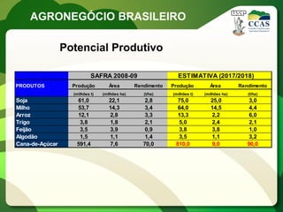AGRONEGÓCIO BRASILEIRO

                 Potencial Produtivo

                            SAFRA 2008-09                      ESTIMATIVA (2017/2018)
PRODUTOS           Produção         Área        Rendimento   Produção        Área         Rendimento
                   (milhões t)   (milhões ha)      (t/ha)    (milhões t)   (milhões ha)      (t/ha)
Soja                61,0            22,1            2,8        75,0           25,0            3,0
Milho               53,7            14,3            3,4        64,0           14,5            4,4
Arroz               12,1            2,8             3,3        13,3           2,2             6,0
Trigo                3,8            1,8             2,1        5,0            2,4             2,1
Feijão               3,5            3,9             0,9        3,8            3,8             1,0
Algodão              1,5            1,1             1,4        3,5            1,1             3,2
Cana-de-Açúcar      591,4           7,6            70,0       810,0           9,0            90,0
 