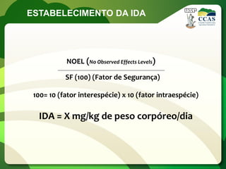 ESTABELECIMENTO DA IDA




           NOEL (No Observed Effects Levels)

           SF (100) (Fator de Segurança)

 100= 10 (fator interespécie) x 10 (fator intraespécie)

  IDA = X mg/kg de peso corpóreo/dia
 