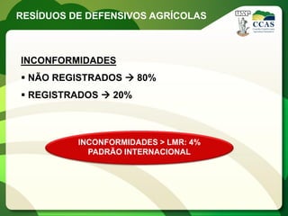RESÍDUOS DE DEFENSIVOS AGRÍCOLAS



INCONFORMIDADES
 NÃO REGISTRADOS  80%
 REGISTRADOS  20%



          INCONFORMIDAD...