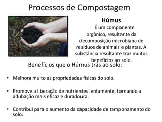 Processos de Compostagem
Húmus
É um componente
orgânico, resultante da
decomposição microbiana de
resíduos de animais e plantas. A
substância resultante traz muitos
benefícios ao solo.

Benefícios que o Húmus trás ao solo:
• Melhora muito as propriedades físicas do solo.

• Promove a liberação de nutrientes lentamente, tornando a
adubação mais eficaz e duradoura.
• Contribui para o aumento da capacidade de tamponamento do
solo.

 