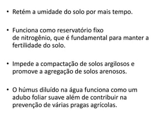 • Retém a umidade do solo por mais tempo.
• Funciona como reservatório fixo
de nitrogênio, que é fundamental para manter a
fertilidade do solo.

• Impede a compactação de solos argilosos e
promove a agregação de solos arenosos.
• O húmus diluído na água funciona como um
adubo foliar suave além de contribuir na
prevenção de várias pragas agrícolas.

 