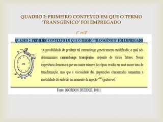 
QUADRO 2: PRIMEIRO CONTEXTO EM QUE O TERMO
„TRANSGÊNICO‟ FOI EMPREGADO
 