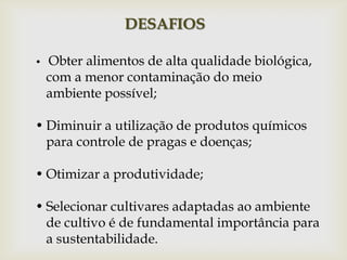 DESAFIOS
• Obter alimentos de alta qualidade biológica,
com a menor contaminação do meio
ambiente possível;
• Diminuir a utilização de produtos químicos
para controle de pragas e doenças;
• Otimizar a produtividade;
• Selecionar cultivares adaptadas ao ambiente
de cultivo é de fundamental importância para
a sustentabilidade.
 