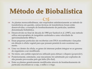  As plantas monocotiledôneas, não respondem satisfatoriamente ao método de
transferência em questão, outras técnicas de transferência foram então
desenvolvidas, a exemplo do bombardeamento de partículas, também
denominada biobalística.
 Desenvolvido no final de década de 1980 por Sanford et al. (1987), esse método
utiliza microprojéteis de tungstênio acelerados a uma velocidade de
aproximadamente 400m/s.
 Essas pequenas partículas são recobertas com DNA recombinante e lançadas
em direção à célula vegetal para que possam penetrá-la sem ocasionar sua
morte.
 Uma vez dentro da célula, os genes de interesse podem integrar-se ao genoma
do organismo a ser modificado.
 No início, um canhão especial era utilizado para efetuar o disparo (gunpowder).
 Posteriormente, entretanto, esse mecanismo foi substituído por explosões de
alta pressão provocadas pelo gás hélio (Bio-Rad).
 Entre as plantas geneticamente modificadas através do bombardeamento de
partículas encontram-se a soja, o milho e o trigo.
Método de Biobalística
 