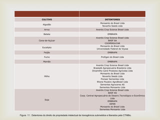 
CULTIVO DETENTORES
Algodão
Monsanto do Brasil Ltda
Novartis Seeds Ltda
Arroz Aventis Crop Science Brasil Ltda
Batata EMBRAPA
Cana-de-Açúcar
Aventis Crop Science Brasil Ltda
BASF SA
COOPERSUCAR
Eucalipto
Monsanto do Brasil Ltda
Universidade Federal de Viçosa
Feijão EMBRAPA
Fumo Profigen do Brasil Ltda
Mamão EMBRAPA
Milho
Aventis Crop Science Brasil Ltda
Braskalb Agropecuária Brasileira Ltda
Dinamilho Carol Produtos Agrícolas Ltda
Monsanto do Brasil Ltda
Novartis Seeds Ltda
Pioneer Sementes Ltda
Rhone Poulenc AgroBrasil Ltda
Sementes Agroceres AS
Sementes Monsanto Ltda
Soja
Aventis Crop Science Brasil Ltda
BASF AS
Coop. Central Agropecuária de Desenv.Tecnológico e Econômico
Ltda
EMBRAPA
IAPAR
Monsanto do Brasil Ltda
Sementes Monsanto Ltda
Figura 11 : Detentores do direito de propriedade intelectual de transgênicos submetidos e liberados pela CTNBio.
 