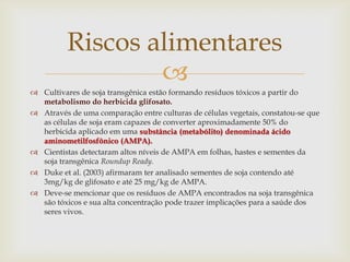 
 Cultivares de soja transgênica estão formando resíduos tóxicos a partir do
metabolismo do herbicida glifosato.
 Através de uma comparação entre culturas de células vegetais, constatou-se que
as células de soja eram capazes de converter aproximadamente 50% do
herbicida aplicado em uma substância (metabólito) denominada ácido
aminometilfosfônico (AMPA).
 Cientistas detectaram altos níveis de AMPA em folhas, hastes e sementes da
soja transgênica Roundup Ready.
 Duke et al. (2003) afirmaram ter analisado sementes de soja contendo até
3mg/kg de glifosato e até 25 mg/kg de AMPA.
 Deve-se mencionar que os resíduos de AMPA encontrados na soja transgênica
são tóxicos e sua alta concentração pode trazer implicações para a saúde dos
seres vivos.
Riscos alimentares
 