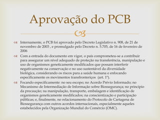 
 Internamente, o PCB foi aprovado pelo Decreto Legislativo n. 908, de 21 de
novembro de 2003 , e promulgado pelo Decreto n. 5.705, de 16 de fevereiro de
2006
 Com a entrada do documento em vigor, o país comprometeu-se a contribuir
para assegurar um nível adequado de proteção na transferência, manipulação e
uso de organismos geneticamente modificados que possam interferir
negativamente na conservação e no uso sustentável da diversidade
biológica, considerando os riscos para a saúde humana e enfocando
especificamente os movimentos transfronteriços (art. 1º).
 Focando especificamente: no seu escopo; no Acordo Prévio Informado; no
Mecanismo de Intermediação de Informação sobre Biossegurança; no princípio
da precaução; na manipulação, transporte, embalagem e identificação de
organismos geneticamente modificados; na conscientização e participação
públicas; e, finalmente, no relacionamento do Protocolo de Cartagena de
Biossegurança com outros acordos internacionais, especialmente aqueles
estabelecidos pela Organização Mundial do Comércio (OMC).
Aprovação do PCB
 