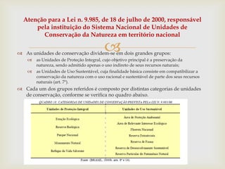  As unidades de conservação dividem-se em dois grandes grupos:
 as Unidades de Proteção Integral, cujo objetivo principal é a preservação da
natureza, sendo admitido apenas o uso indireto de seus recursos naturais;
 as Unidades de Uso Sustentável, cuja finalidade básica consiste em compatibilizar a
conservação da natureza com o uso racional e sustentável de parte dos seus recursos
naturais (art. 7º).
 Cada um dos grupos referidos é composto por distintas categorias de unidades
de conservação, conforme se verifica no quadro abaixo.
Atenção para a Lei n. 9.985, de 18 de julho de 2000, responsável
pela instituição do Sistema Nacional de Unidades de
Conservação da Natureza em território nacional
 