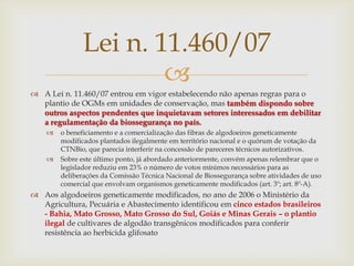 
 A Lei n. 11.460/07 entrou em vigor estabelecendo não apenas regras para o
plantio de OGMs em unidades de conservação, mas também dispondo sobre
outros aspectos pendentes que inquietavam setores interessados em debilitar
a regulamentação da biossegurança no país.
 o beneficiamento e a comercialização das fibras de algodoeiros geneticamente
modificados plantados ilegalmente em território nacional e o quórum de votação da
CTNBio, que parecia interferir na concessão de pareceres técnicos autorizativos.
 Sobre este último ponto, já abordado anteriormente, convém apenas relembrar que o
legislador reduziu em 23% o número de votos mínimos necessários para as
deliberações da Comissão Técnica Nacional de Biossegurança sobre atividades de uso
comercial que envolvam organismos geneticamente modificados (art. 3º; art. 8º-A).
 Aos algodoeiros geneticamente modificados, no ano de 2006 o Ministério da
Agricultura, Pecuária e Abastecimento identificou em cinco estados brasileiros
- Bahia, Mato Grosso, Mato Grosso do Sul, Goiás e Minas Gerais – o plantio
ilegal de cultivares de algodão transgênicos modificados para conferir
resistência ao herbicida glifosato
Lei n. 11.460/07
 