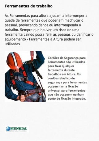 Ferramentas de trabalho
As Ferramentas para altura ajudam a interromper a
queda de ferramentas que poderiam machucar o
pessoal, provocando danos ou interrompendo o
trabalho. Sempre que houver um risco de uma
ferramenta caindo possa ferir as pessoas ou daniﬁcar o
equipamento - Ferramentas a Altura podem ser
utilizadas.
 