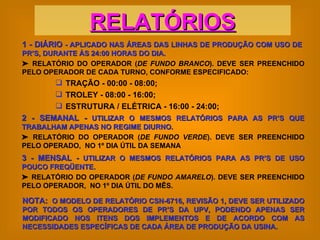 RELATÓRIOS 1 - DIÁRIO  - APLICADO NAS ÁREAS DAS LINHAS DE PRODUÇÃO COM USO DE  PR’S, DURANTE ÀS 24:00 HORAS DO DIA.    RELATÓRIO DO OPERADOR ( DE FUNDO BRANCO ). DEVE SER PREENCHIDO PELO OPERADOR DE CADA TURNO, CONFORME ESPECIFICADO: TRAÇÃO - 00:00 - 08:00; TROLEY - 08:00 - 16:00; ESTRUTURA / ELÉTRICA - 16:00 - 24:00; 2 - SEMANAL -  UTILIZAR O MESMOS RELATÓRIOS PARA AS PR’S QUE TRABALHAM APENAS NO REGIME DIURNO.    RELATÓRIO DO OPERADOR ( DE FUNDO VERDE ). DEVE SER PREENCHIDO PELO OPERADO,  NO 1º DIA ÚTIL DA SEMANA 3 - MENSAL -  UTILIZAR O MESMOS RELATÓRIOS PARA AS PR’S DE USO POUCO FREQÜENTE.    RELATÓRIO DO OPERADOR ( DE FUNDO AMARELO ). DEVE SER PREENCHIDO PELO OPERADOR,  NO 1º DIA ÚTIL DO MÊS. NOTA:   O MODELO DE RELATÓRIO CSN-6716, REVISÃO 1, DEVE SER UTILIZADO POR TODOS OS OPERADORES DE PR’S DA UPV, PODENDO APENAS SER MODIFICADO NOS ITENS DOS IMPLEMENTOS E DE ACORDO COM AS NECESSIDADES ESPECÍFICAS DE CADA ÁREA DE PRODUÇÃO DA USINA. 