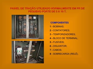 PAINEL DE TRAÇÃO UTILIZADO NORMALMENTE EM PR DE PEQUENO PORTE DE 5 À 10 T. COMPONENTES 1 -  BOBINAS; 2 -  CONTATORES; 3 -  TEMPORIZADORES; 4 -  BLOCO DE TERMINAL; 5 -  FUSÍVEIS;  6 -  DISJUNTOR; 7 -  CABOS; 8  - SOBRECARGA (RELÊ).  