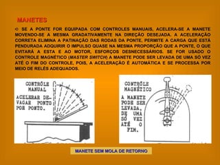 MANETES    SE A PONTE FOR EQUIPADA COM CONTROLES MANUAIS, ACELERA-SE A MANETE MOVENDO-SE A MESMA GRADATIVAMENTE NA DIREÇÃO DESEJADA. A ACELERAÇÃO CORRETA ELIMINA A PATINAÇÃO DAS RODAS DA PONTE, PERMITE A CARGA QUE ESTÁ PENDURADA ADQUIRIR O IMPULSO QUASE NA MESMA PROPORÇÃO QUE A PONTE, O QUE EVITARÁ A ESTA E AO MOTOR, ESFORÇOS DESNECESSÁRIOS. SE FOR USADO O CONTROLE MAGNÉTICO ( MASTER SWITCH ) A MANETE PODE SER LEVADA DE UMA SÓ VEZ ATÉ O FIM DO CONTROLE, POIS, A ACELERAÇÃO É AUTOMÁTICA E SE PROCESSA POR MEIO DE RELÉS ADEQUADOS. MANETE SEM MOLA DE RETORNO 