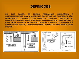 DEFINIÇÕES EM TAIS CASOS, OS FREIOS TRABALHAM, SIMULTÂNEA E AUTOMATICAMENTE COM A CORRENTE DO MOTOR. OS CONTROLES SÃO, GERALMENTE, EQUIPADOS COM MANETES VERTICAIS, DISPOSTAS DE FORMA A SEREM FACILMENTE MOVIDAS PELO OPERADOR, PARA FRENTE E PARA TRÁS. O GATO É LEVANTADO QUANDO A MANETE DO CONTROLE É PUXADA PARA TRÁS E, ABAIXADO QUANDO A MANETE É EMPURRADA PARA FRENTE. 