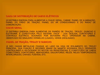DISTRIBUI ENERGIA PARA ALIMENTAR A CHAVE GERAL, CABINE, PAINEL DE ILUMINAÇÃO, PAINEL DO FREIO DE TRAÇÃO, PAINEL DO AR CONDICIONADO E DO RÁDIO DE COMUNICAÇÃO.   CAIXA DE DISTRIBUIÇÃO DE CABOS ELÉTRICOS DISTRIBUI ENERGIA PARA ALIMENTAR OS PAINÉIS DE TRAÇÃO, TROLEY, GUINCHO E ELETROIMÃ. É CONSTITUÍDA PELO SISTEMA “ FACA ” - LIGA DESLIGA, CONTATORES E CONTROLE ELÉTRICO, ACIONADO POR BOTOEIRA PELO OPERADOR NA CABINE, OBSERVADO NO SINALEIRO VERMELHO (LIGADO), VERDE (DESLIGADO)   CHAVE GERAL SÃO CAIXAS METÁLICAS FIXADAS AO LADO DA VIGA DE ROLAMENTO DO TROLEY PRINCIPAL. SUA FUNÇÃO É RECEBER SINAIS DA MANETE ACIONADA PELO OPERADOR, CONTROLANDO A VELOCIDADE DO MOTOR VIA RESISTÊNCIAS. É CONSTITUÍDO DE CABOS, CONECTORES, CONTATORES, ABAFADORES, DISJUNTORES, RELÊS, RELES TEMPORIZADOS, INTERLORQUES, CHAVES, FUSÍVEIS, ETC. PAINEL DE TRAÇÃO, TROLEY E GUINCHO 