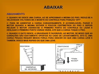 ABAIXAR ABAIXAMENTO    QUANDO SE DESCE UMA CARGA, AO SE APROXIMAR A MESMA DO PISO, REDUZ-SE A VELOCIDADE VOLTANDO-SE A MANETE DO CONTROLE PARA POSIÇÃO 'OFF".     PARA SE ASSENTAR A CARGA CUIDADOSAMENTE, É ACONSELHÁVEL PARAR O MOTOR QUANDO A MESMA ESTIVER À POUCOS CENTÍMETROS DO PISO E DEPOIS RELIGAR O MOTOR USANDO-SE O PRIMEIRO PONTO DO CONTROLE OU LIGAR E DESLIGAR O PRIMEIRO PONTO VÁRIAS VEZES, ATÉ QUE A CARGA TOQUE O PISO.    QUANDO O GATO DESCE, A GRAVIDADE É FAVORÁVEL AO MOTOR, DE MODO QUE AS CONDIÇÕES SÃO EXATAMENTE OPOSTAS AO CASO DE LEVANTAMENTO, ISTO É, UMA CARGA PESADA REQUER MENOS FORÇA PARA DESCER DO QUE UMA CARGA LEVE E TAMBÉM, DESCE MAIS RÁPIDO DO QUE UMA LEVE.   