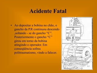 Acidente Fatal

• Ao depositar a bobina no chão, o
  gancho da P.R continuou descendo
  ,soltando - se do gancho “C”.
  Posteriormente o gancho “C”
  girou em torno da bobina
  atingindo o operador. Em
  conseqüência sofreu
  politraumatismo, vindo a falecer.
 