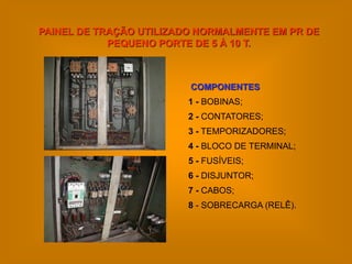 PAINEL DE TRAÇÃO UTILIZADO NORMALMENTE EM PR DE
            PEQUENO PORTE DE 5 À 10 T.



                         COMPONENTES
                         1 - BOBINAS;
                         2 - CONTATORES;
                         3 - TEMPORIZADORES;
                         4 - BLOCO DE TERMINAL;
                         5 - FUSÍVEIS;
                         6 - DISJUNTOR;
                         7 - CABOS;
                         8 - SOBRECARGA (RELÊ).
 