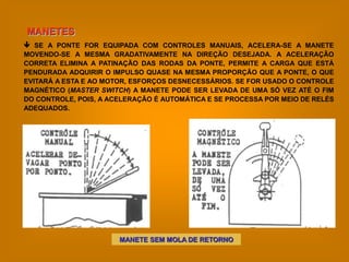 MANETES
 SE A PONTE FOR EQUIPADA COM CONTROLES MANUAIS, ACELERA-SE A MANETE
MOVENDO-SE A MESMA GRADATIVAMENTE NA DIREÇÃO DESEJADA. A ACELERAÇÃO
CORRETA ELIMINA A PATINAÇÃO DAS RODAS DA PONTE, PERMITE A CARGA QUE ESTÁ
PENDURADA ADQUIRIR O IMPULSO QUASE NA MESMA PROPORÇÃO QUE A PONTE, O QUE
EVITARÁ A ESTA E AO MOTOR, ESFORÇOS DESNECESSÁRIOS. SE FOR USADO O CONTROLE
MAGNÉTICO (MASTER SWITCH) A MANETE PODE SER LEVADA DE UMA SÓ VEZ ATÉ O FIM
DO CONTROLE, POIS, A ACELERAÇÃO É AUTOMÁTICA E SE PROCESSA POR MEIO DE RELÉS
ADEQUADOS.




                       MANETE SEM MOLA DE RETORNO
 