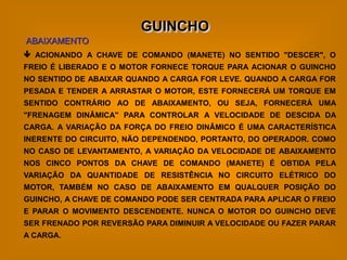 GUINCHO
ABAIXAMENTO
 ACIONANDO A CHAVE DE COMANDO (MANETE) NO SENTIDO "DESCER", O
FREIO É LIBERADO E O MOTOR FORNECE TORQUE PARA ACIONAR O GUINCHO
NO SENTIDO DE ABAIXAR QUANDO A CARGA FOR LEVE. QUANDO A CARGA FOR
PESADA E TENDER A ARRASTAR O MOTOR, ESTE FORNECERÁ UM TORQUE EM
SENTIDO CONTRÁRIO AO DE ABAIXAMENTO, OU SEJA, FORNECERÁ UMA
"FRENAGEM DINÂMICA" PARA CONTROLAR A VELOCIDADE DE DESCIDA DA
CARGA. A VARIAÇÃO DA FORÇA DO FREIO DINÂMICO É UMA CARACTERÍSTICA
INERENTE DO CIRCUITO, NÃO DEPENDENDO, PORTANTO, DO OPERADOR. COMO
NO CASO DE LEVANTAMENTO, A VARIAÇÃO DA VELOCIDADE DE ABAIXAMENTO
NOS CINCO PONTOS DA CHAVE DE COMANDO (MANETE) É OBTIDA PELA
VARIAÇÃO DA QUANTIDADE DE RESISTÊNCIA NO CIRCUITO ELÉTRICO DO
MOTOR, TAMBÉM NO CASO DE ABAIXAMENTO EM QUALQUER POSIÇÃO DO
GUINCHO, A CHAVE DE COMANDO PODE SER CENTRADA PARA APLICAR O FREIO
E PARAR O MOVIMENTO DESCENDENTE. NUNCA O MOTOR DO GUINCHO DEVE
SER FRENADO POR REVERSÃO PARA DIMINUIR A VELOCIDADE OU FAZER PARAR
A CARGA.
 