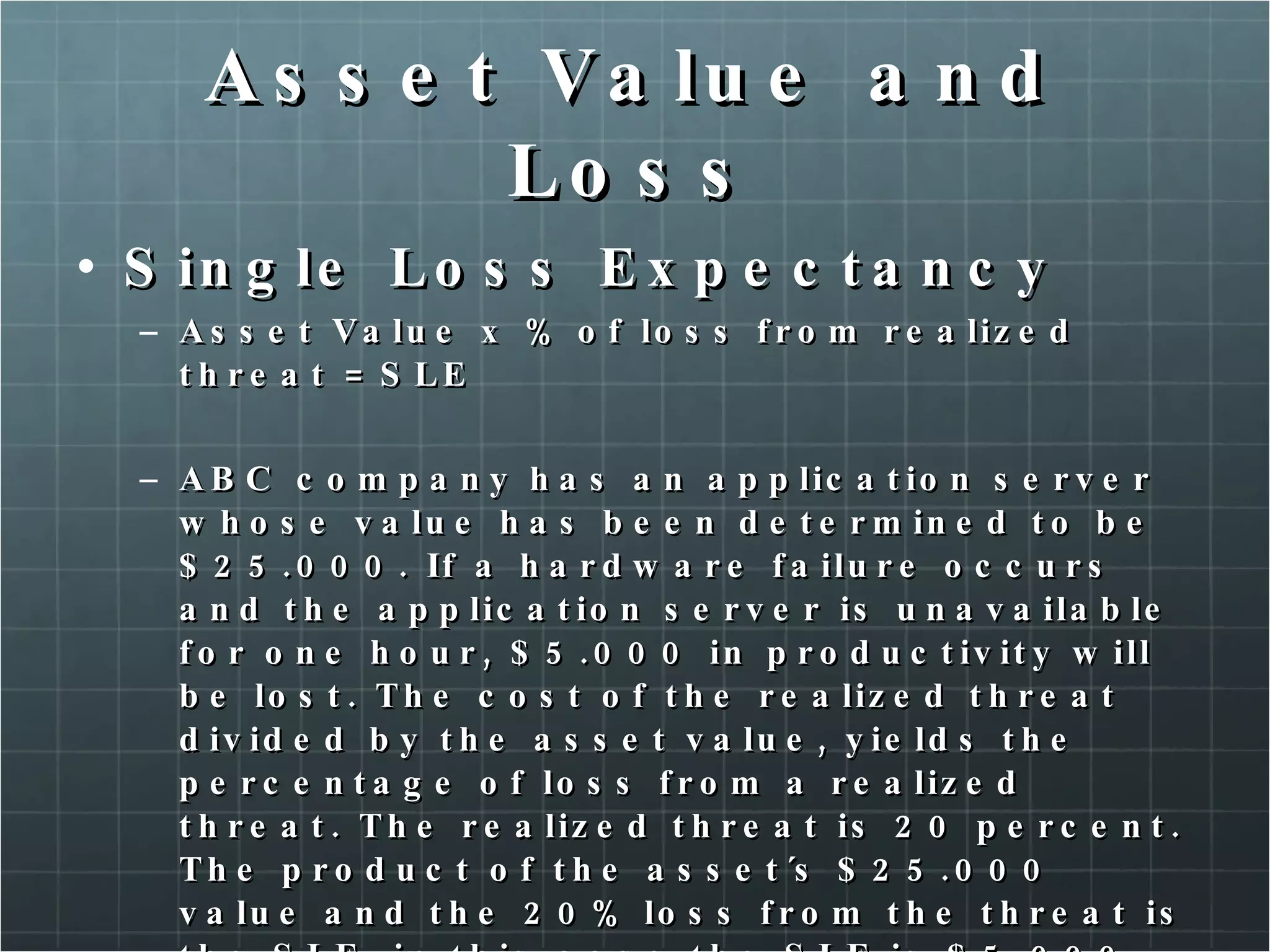 Asset Value and Loss Single Loss Expectancy Asset Value x % of loss from realized threat = SLE ABC company has an application server whose value has been determined to be $25.000. If a hardware failure occurs and the application server is unavailable for one hour, $5.000 in productivity will be lost. The cost of the realized threat divided by the asset value, yields the percentage of loss from a realized threat. The realized threat is 20 percent. The product of the asset´s $25.000 value and the 20% loss from the threat is the SLE, in this case the SLE is $5.000. 