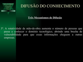 DIFUSÃO DO CONHECIMENTO 3º.   A rotatividade da mão-de-obra aumenta o número de pessoas que passa a conhecer o domínio tecnológico, abrindo uma brecha de vulnerabilidade para que essas informações cheguem a outras empresas. Três Mecanismos de Difusão 