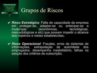 Grupos de Riscos Risco Estratégico : Falta de capacidade da empresa em proteger-se, adaptar-se ou antecipar-se a mudanças (econômicas, tecnológicas, mercadológicas e etc) que possam impedir o alcance dos objetivos e metas estabelecidas; Risco Operacional : Fraudes, erros de sistemas de informações, extrapolação de autoridade dos empregados, desempenho insatisfatório, falhas na adoção dos critérios de subscrição; 