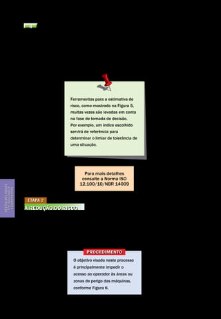 Gestão dos riscos em máquinas e equipamentos
Segurança de Máquinas e Equipamentos de Trabalho
32
Gestãodosriscos
emmáquinase
equipamentos
4 A avaliação do risco
O último passo no processo de apreciação do risco é fazer um julgamento sobre
o nível de risco estimado. Deve-se determinar se este risco é tolerável ou into-
lerável. Se é intolerável, medidas de redução de risco devem ser selecionadas
e instaladas. Para garantir que a solução atenda aos objetivos e não gere ne-
nhuma nova situação de risco, repete-se o procedimento de apeciação tendo
em conta o novo meio de redução instalado.
Etapa 2
A redução do risco
Uma vez a fase da apreciação do risco concluída e se a avaliação prescrever uma
redução do risco (julgado intolerável), o projetista deve determinar os meios que
julgar adequados para atingir os objetivos de redução do risco. A ação propos-
ta na norma ISO 12100 (NBR 14009) é mostrado na Figura 1, e orienta sobre os
meios de redução do risco previlegiando ordem hierárquica e eficiência.
Ferramentas para a estimativa de
risco, como mostrado na Figura 5,
muitas vezes são levadas em conta
na fase de tomada de decisão.
Por exemplo, um índice escolhido
servirá de referência para
determinar o limiar de tolerância de
uma situação.
Para mais detalhes
consulte a Norma ISO
12.100/10/NBR 14009
O objetivo visado neste processo
é principalmente impedir o
acesso ao operador às áreas ou
zonas de perigo das máquinas,
conforme Figura 6.
Procedimento
 