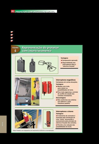 Anexo
Segurança de Máquinas e Equipamentos de Trabalho
58
Anexo
PROTETOR COM INTERTRAVAMENTO
Os dispositivos de travamento são geralmente associados à função de deteção
de posição dos protetores móveis instalados nas máquinas. O dispositivo de
travamento detecta a abertura do protetor, o que provoca geralmente a parada
da máquina ou do fenômeno perigoso.
Os interruptores eletromecânicos são a melhor opção de escolha de compo-
nentes para a aplicação de segurança. Mas deve-se atentar para:
A escolha dos interruptores (abertura forçada).
O princípio da instalação para uma atuação por acionamento positivo.
A fixação sólida e o ajustamento permanente.
A proteção contra choques.
Representação do protetor
com intertravamento
Figura
6
Nota: Protetor com dispositivo de travamento conforme a normalização.
Interruptores magnéticos
Vantajosos em certas situações.
Vantagens
Modelo com imãs
para reduzir as
possibilidades de burla.
Para mais segurança, controle
de conflito do estado dos
contatos necessários.
Desvantagens
Não conformes aos critérios
que definem a ação
mecânica positiva.
Vantagens
Componente aprovado
Disponibilidade dos
interruptores ditos a
“abertura forçada”
Interruptores a chaves
Vantagens
O elemento de comando é
acionado pela introdução de
uma “chave” provocando o
acionamento pelo princípio de
abertura forçada dos contatos.
Permite uma redução das
possibilidades de burla.
b1
 