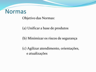 Normas 
Objetivo das Normas: 
(a) Unificar a base de produtos 
(b) Minimizar os riscos de segurança 
(c) Agilizar atendimento, orientações, 
e atualizações 
 