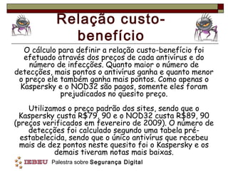 Relação custo-
             benefício
  O cálculo para definir a relação custo-benefício foi
  efetuado através dos preços de cada antivírus e do
    número de infecções. Quanto maior o número de
detecções, mais pontos o antivírus ganha e quanto menor
 o preço ele também ganha mais pontos. Como apenas o
 Kaspersky e o NOD32 são pagos, somente eles foram
             prejudicados no quesito preço.
    Utilizamos o preço padrão dos sites, sendo que o
 Kaspersky custa R$79, 90 e o NOD32 custa R$89, 90
(preços verificados em fevereiro de 2009). O número de
    detecções foi calculado segundo uma tabela pré-
  estabelecida, sendo que o único antivírus que recebeu
  mais de dez pontos neste quesito foi o Kaspersky e os
           demais tiveram notas mais baixas.
          Palestra sobre Segurança Digital
 