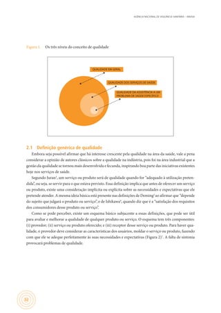 AGÊNCIA NACIONAL DE VIGILÂNCIA SANITÁRIA – ANVISA
32
Figura 1.	 Os três níveis do conceito de qualidade
QUALIDADE EM GERAL
QUALIDADE DOS SERVIÇOS DE SAÚDE
QUALIDADE DA ASSISTÊNCIA A UM
PROBLEMA DE SAÚDE ESPECÍFICO
2.1	 Definição genérica de qualidade
Embora seja possível afirmar que há interesse crescente pela qualidade na área da saúde, vale a pena
considerar a opinião de autores clássicos sobre a qualidade na indústria, pois foi na área industrial que a
gestão da qualidade se tornou mais desenvolvida e fecunda, inspirando boa parte das iniciativas existentes
hoje nos serviços de saúde.
Segundo Juran2
, um serviço ou produto será de qualidade quando for “adequado à utilização preten-
dida”, ou seja, se servir para o que estava previsto. Essa definição implica que antes de oferecer um serviço
ou produto, existe uma consideração implícita ou explícita sobre as necessidades e expectativas que ele
pretende atender. A mesma ideia básica está presente nas definições de Deming3
ao afirmar que “depende
do sujeito que julgará o produto ou serviço”, e de Ishikawa4
, quando diz que é a “satisfação dos requisitos
dos consumidores desse produto ou serviço”.
Como se pode perceber, existe um esquema básico subjacente a essas definições, que pode ser útil
para avaliar e melhorar a qualidade de qualquer produto ou serviço. O esquema tem três componentes:
(i) provedor; (ii) serviço ou produto oferecido; e (iii) receptor desse serviço ou produto. Para haver qua-
lidade, o provedor deve considerar as características dos usuários, moldar o serviço ou produto, fazendo
com que ele se adeque perfeitamente às suas necessidades e expectativas (Figura 2)1
. A falta de sintonia
provocará problemas de qualidade.
 